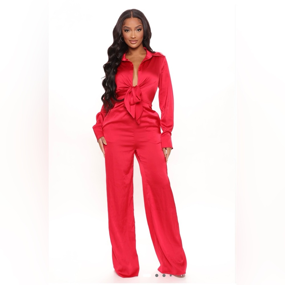 Fashion Nova Fabulosity Stretch Satin Red Women's Jumpsuit L